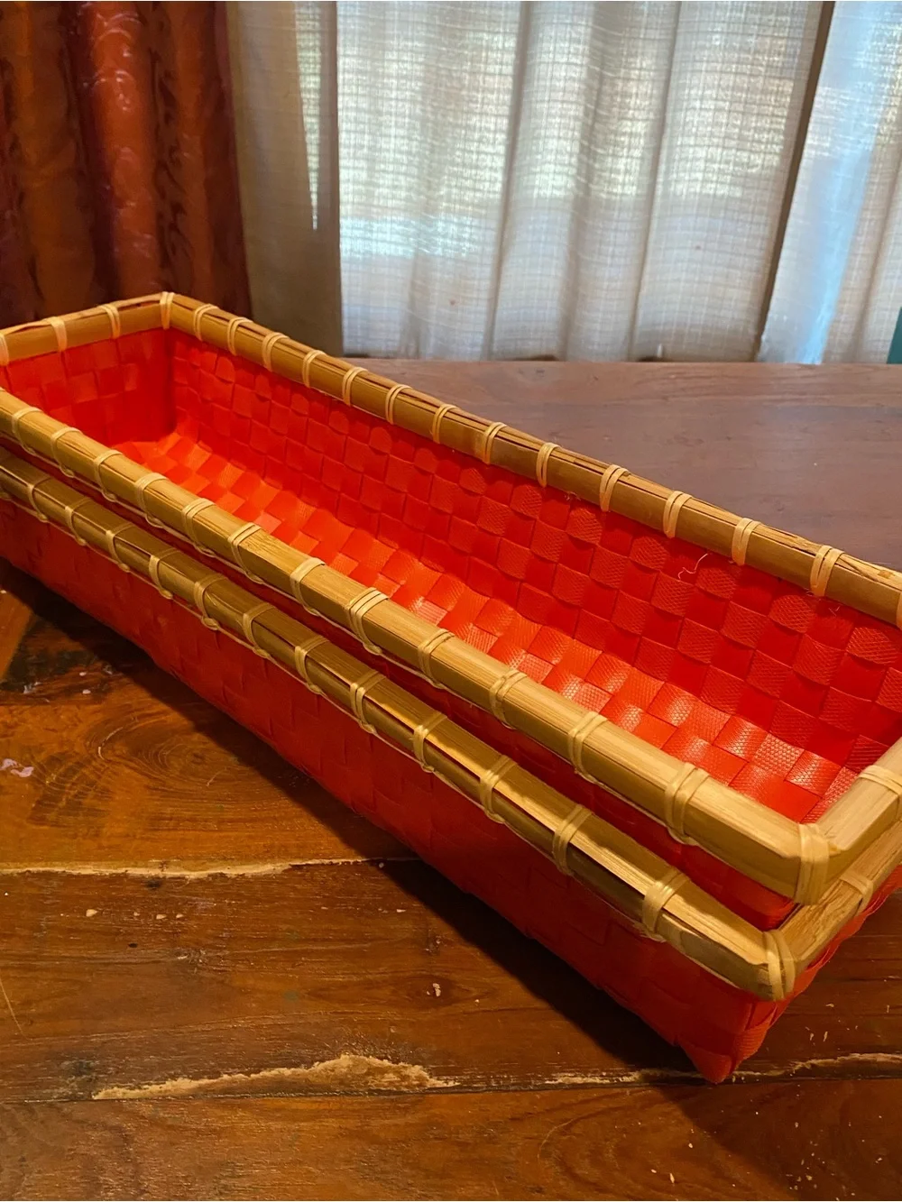 Red Woven Basket/Tray Set - Natural Bamboo Rim